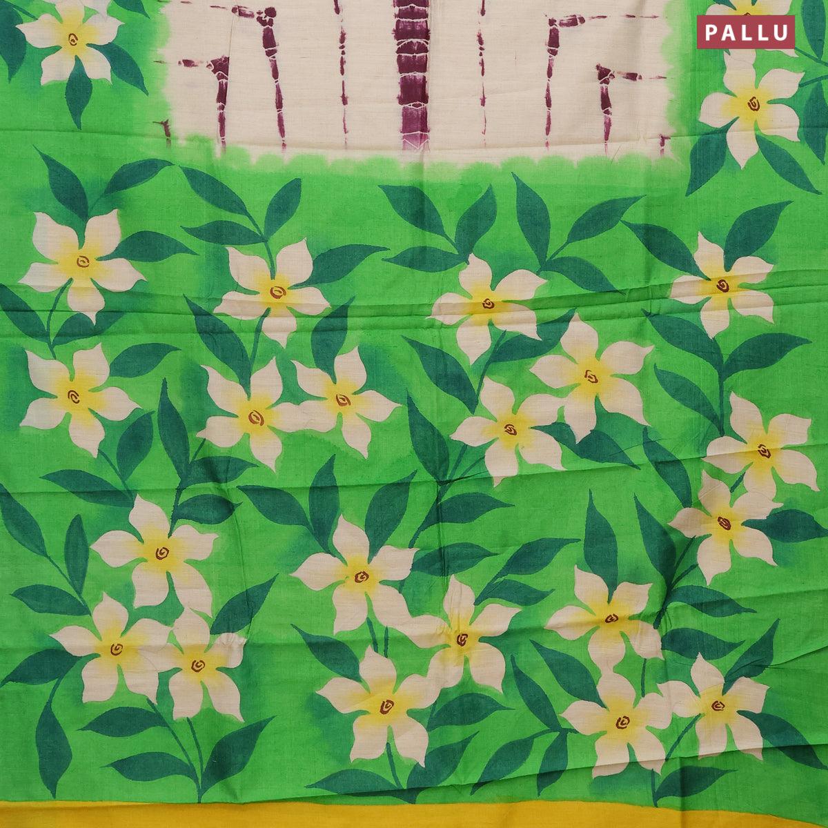 Pure tussar silk saree cream and light green with tie & dye prints and printed border - Image 3