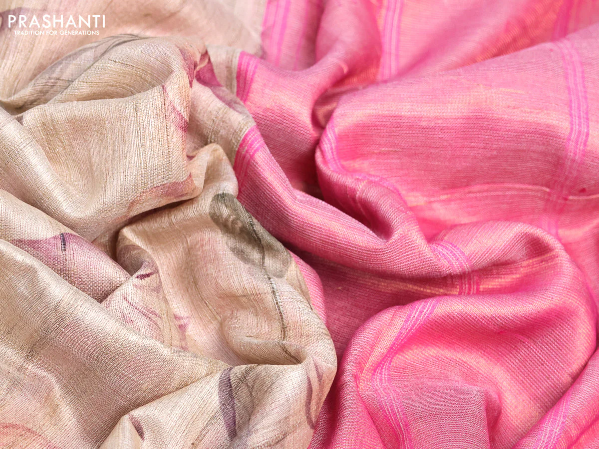 Pure tussar silk saree cream and pink with allover floral digital prints and temple deisgn zari woven vidarbha border - Image 15