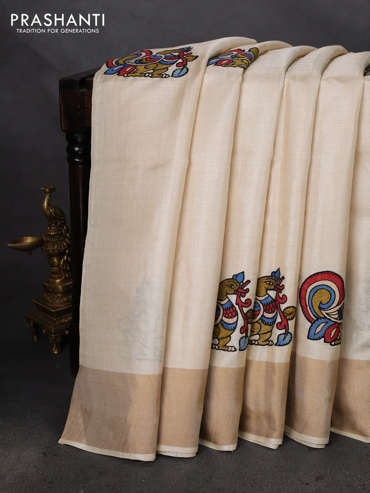 Pure tussar silk saree cream with kalamkari applique work - Image 2