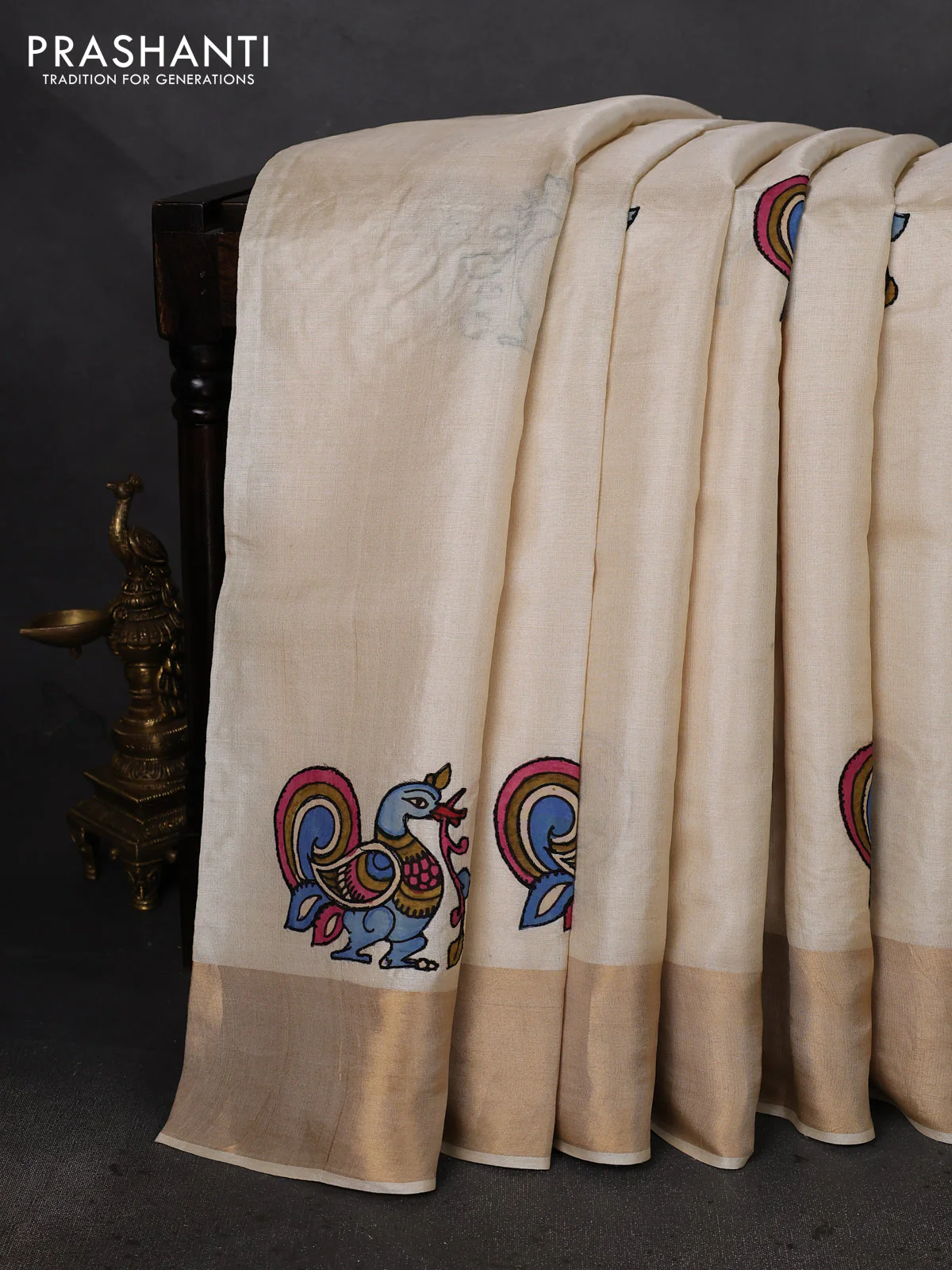 Pure tussar silk saree cream with kalamkari applique work - Image 2