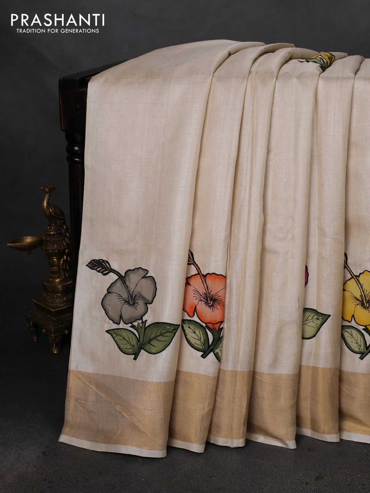 Pure tussar silk saree cream with kalamkari applique work - Image 2