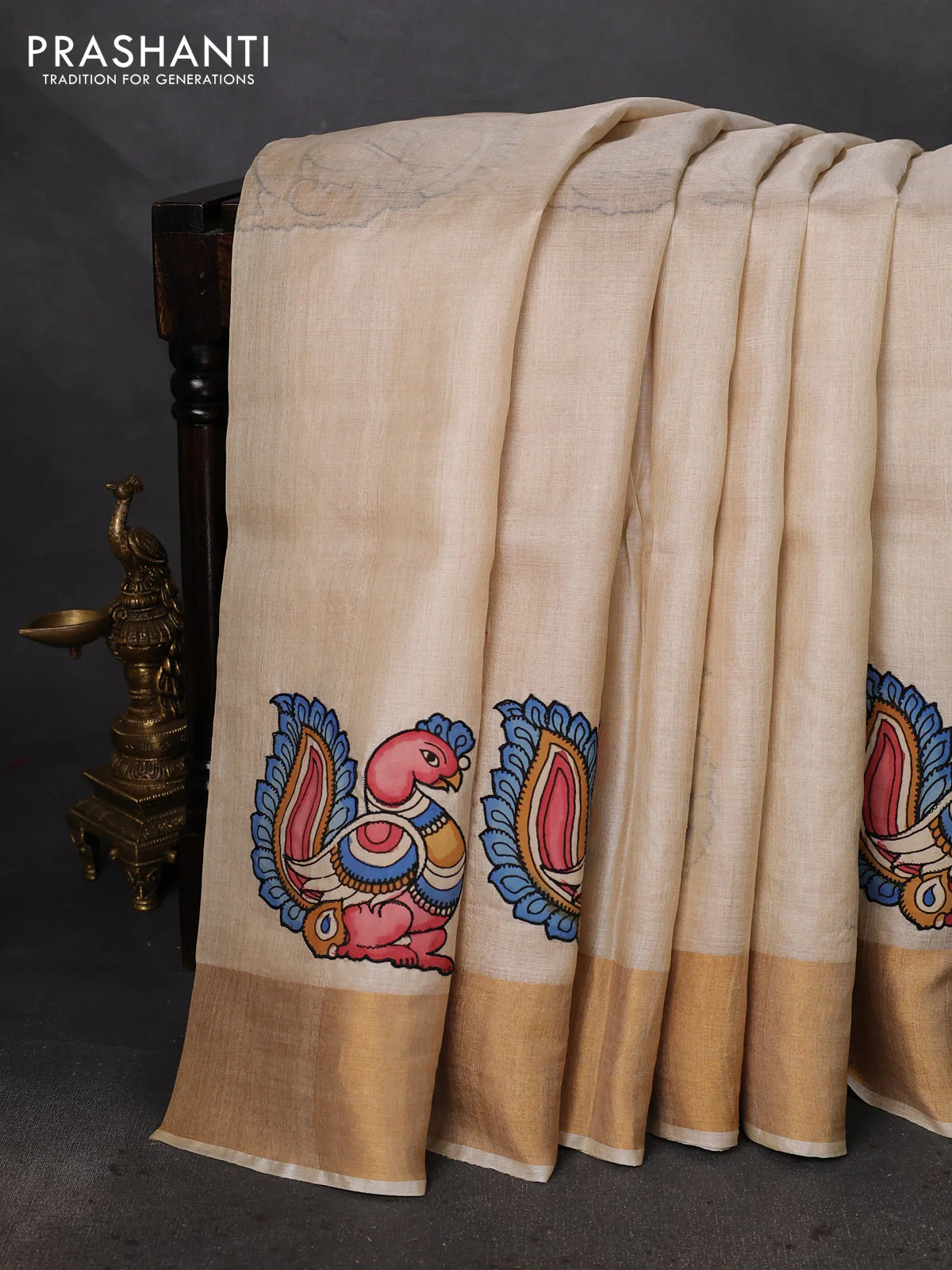 Pure tussar silk saree cream with kalamkari applique work - Image 2