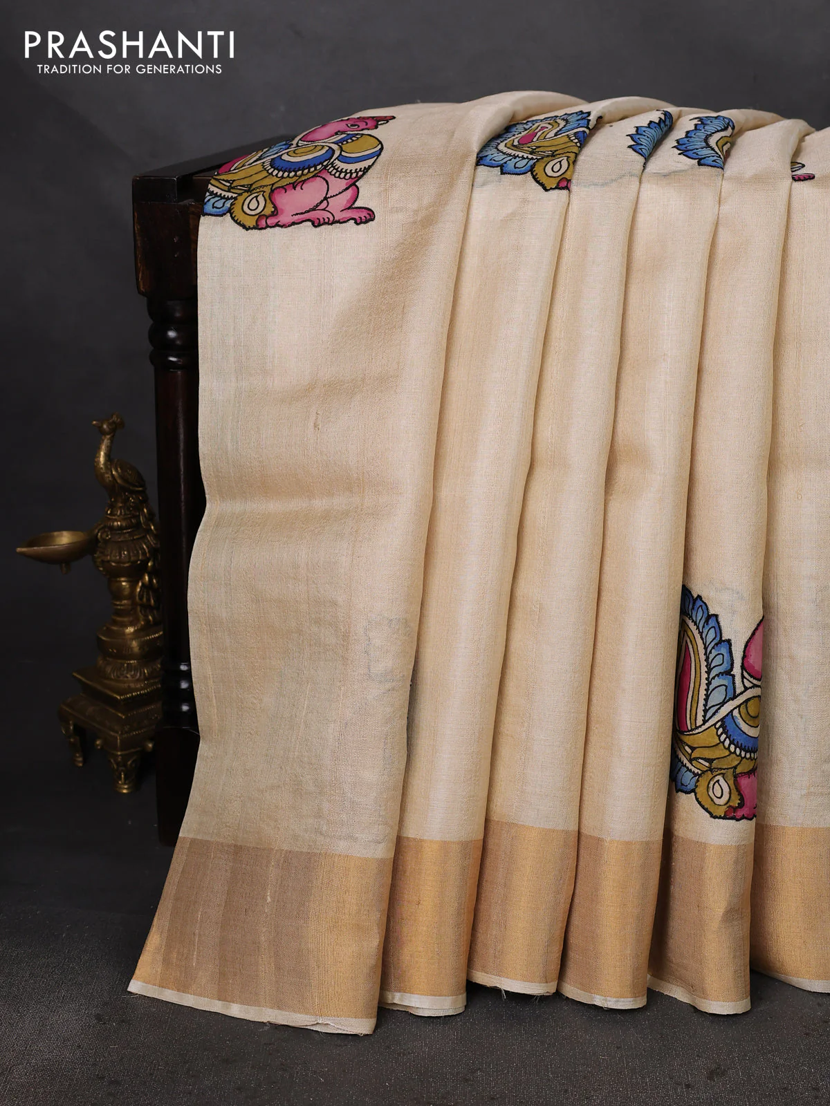 Pure tussar silk saree cream with kalamkari applique work - Image 2