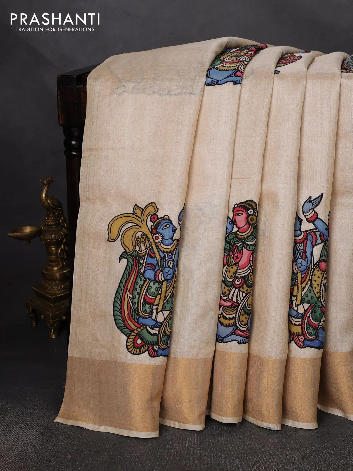 Pure tussar silk saree cream with kalamkari applique work - Image 2