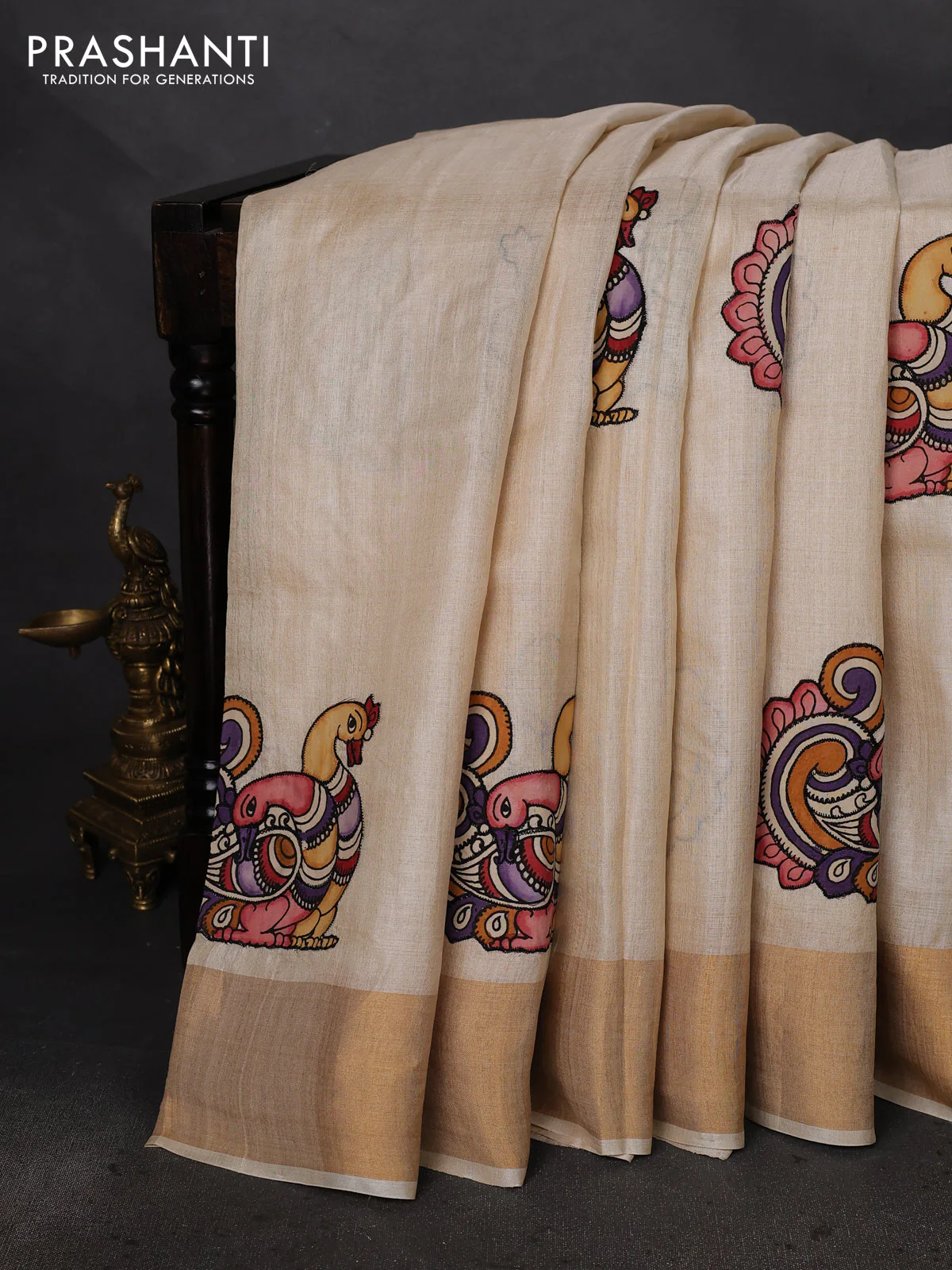 Pure tussar silk saree cream with kalamkari applique work - Image 2