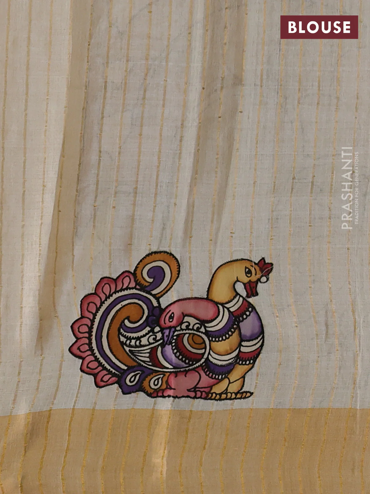 Pure tussar silk saree cream with kalamkari applique work - Image 3