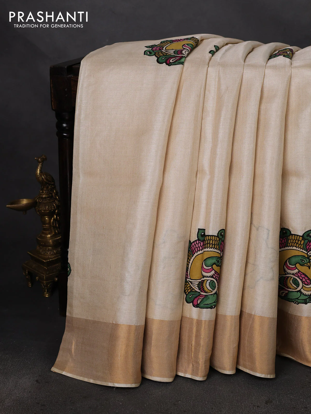 Pure tussar silk saree cream with kalamkari applique work - Image 2