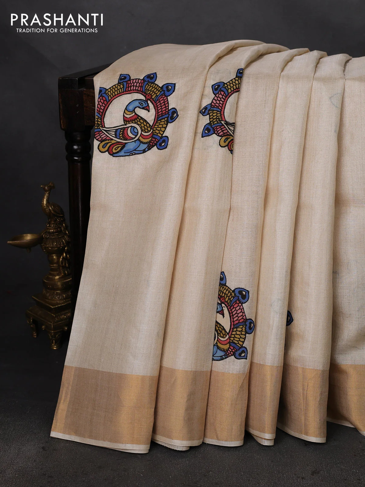 Pure tussar silk saree cream with kalamkari applique work - Image 2