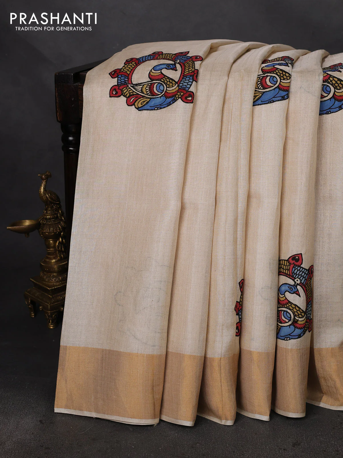 Pure tussar silk saree cream with kalamkari applique work - Image 2