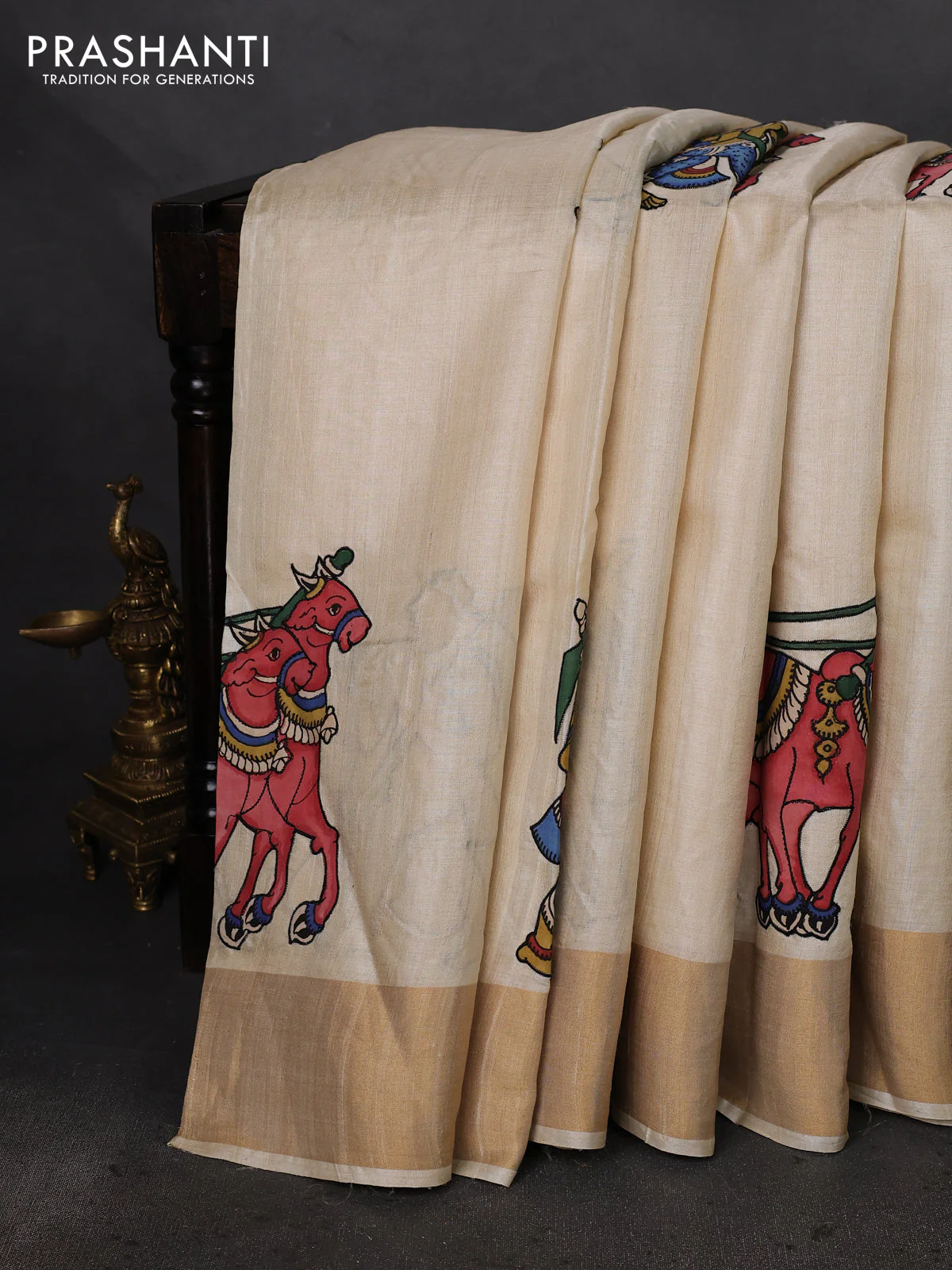 Pure tussar silk saree cream with kalamkari applique work - Image 2