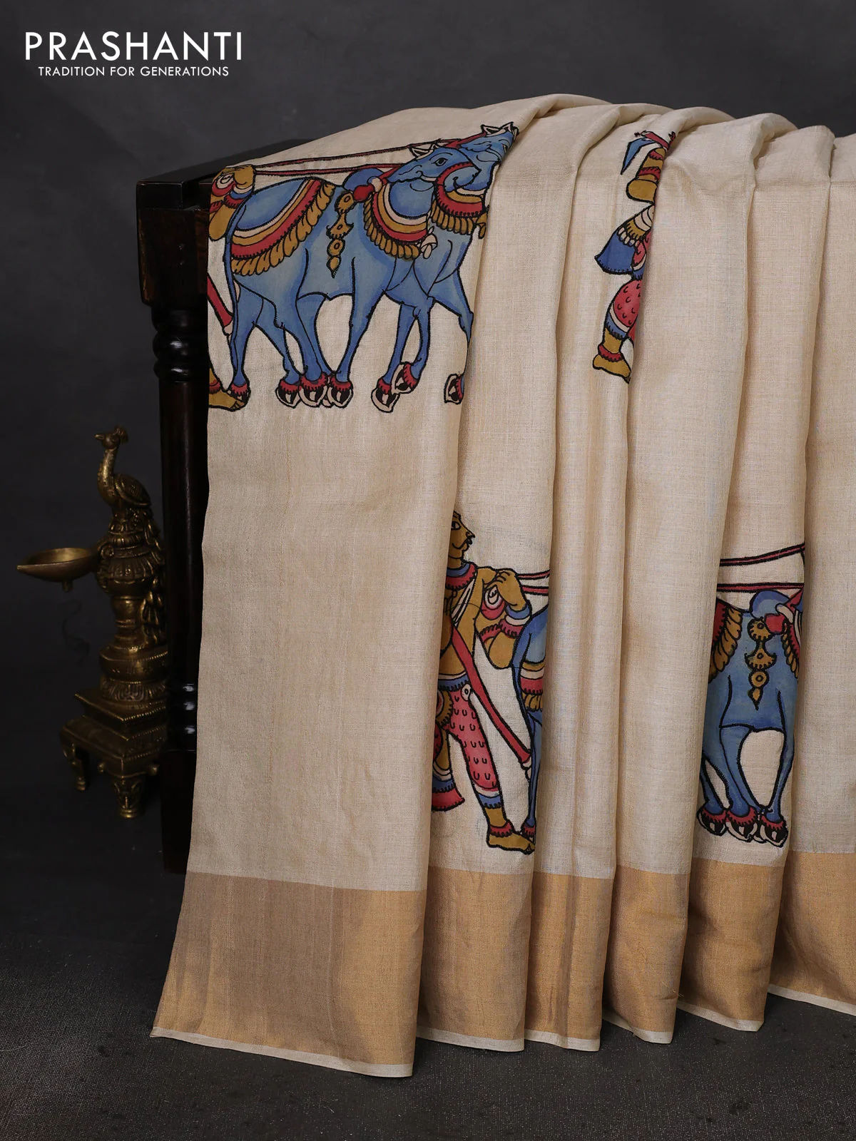 Pure tussar silk saree cream with kalamkari applique work - Image 2
