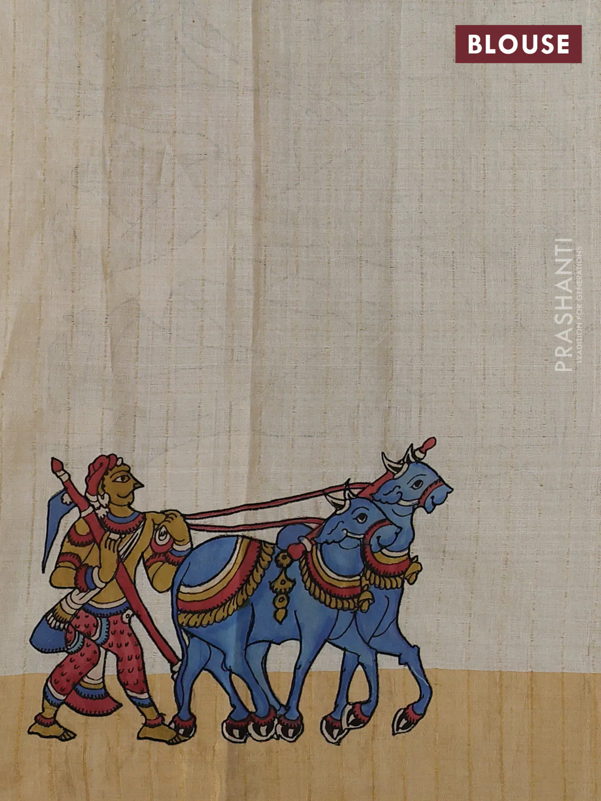 Pure tussar silk saree cream with kalamkari applique work - Image 3