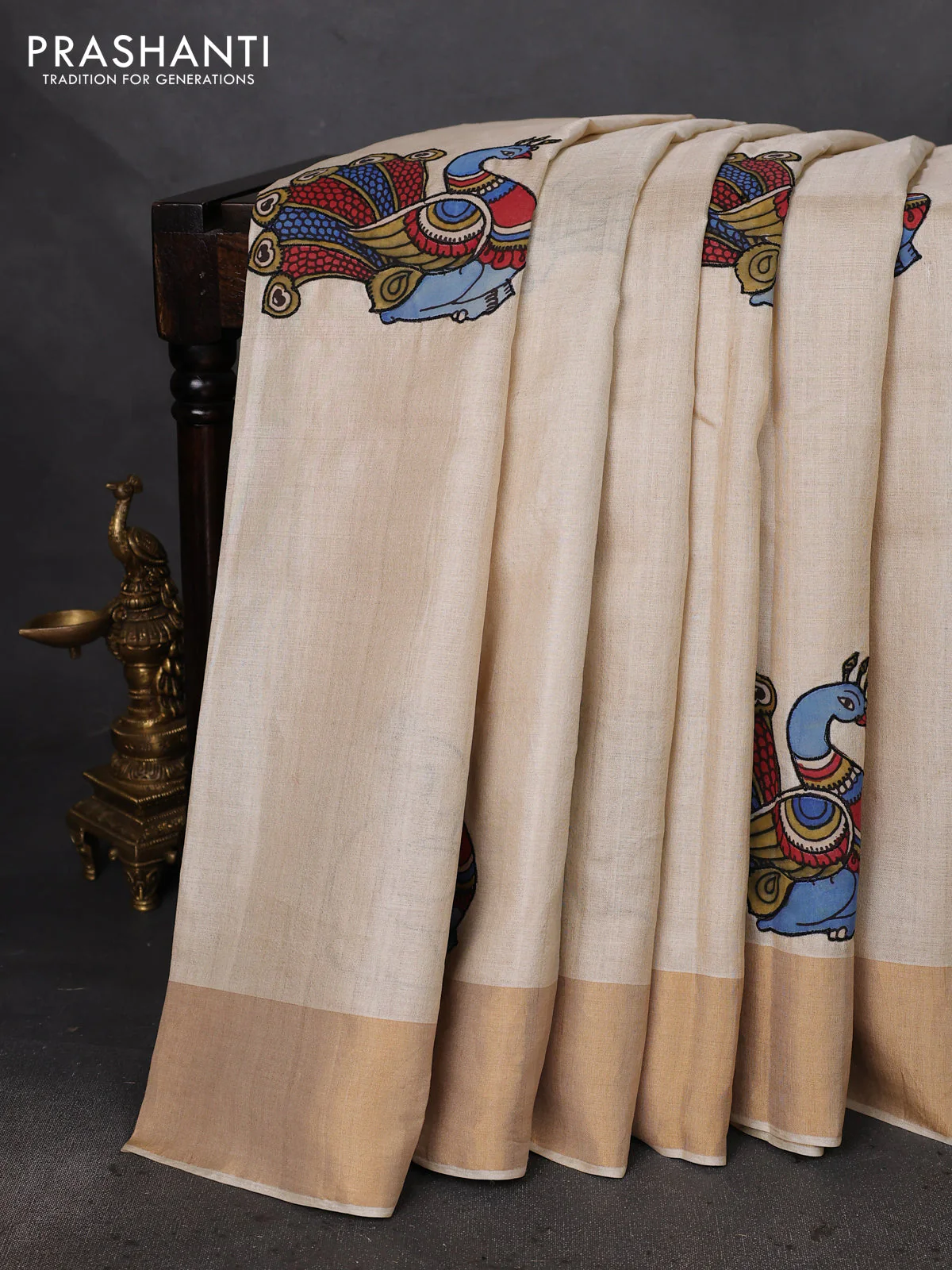 Pure tussar silk saree cream with kalamkari applique work - Image 2
