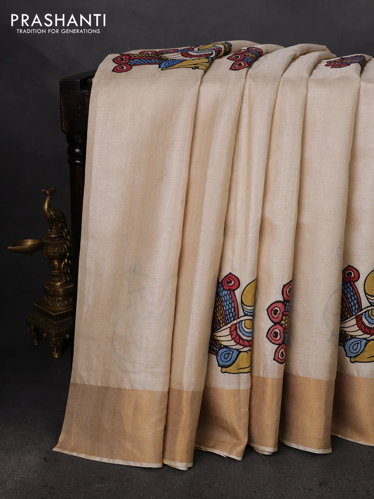 Pure tussar silk saree cream with kalamkari applique work - Image 2