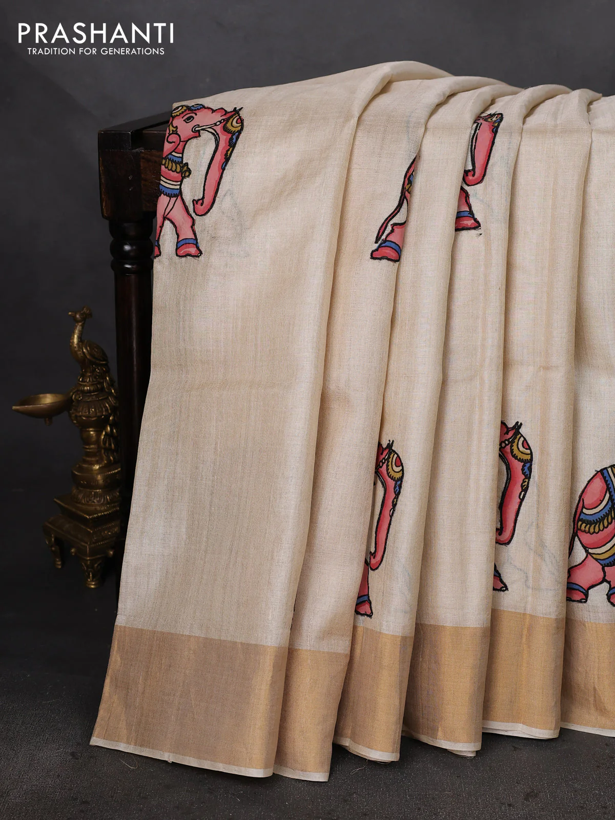 Pure tussar silk saree cream with kalamkari applique work - Image 2
