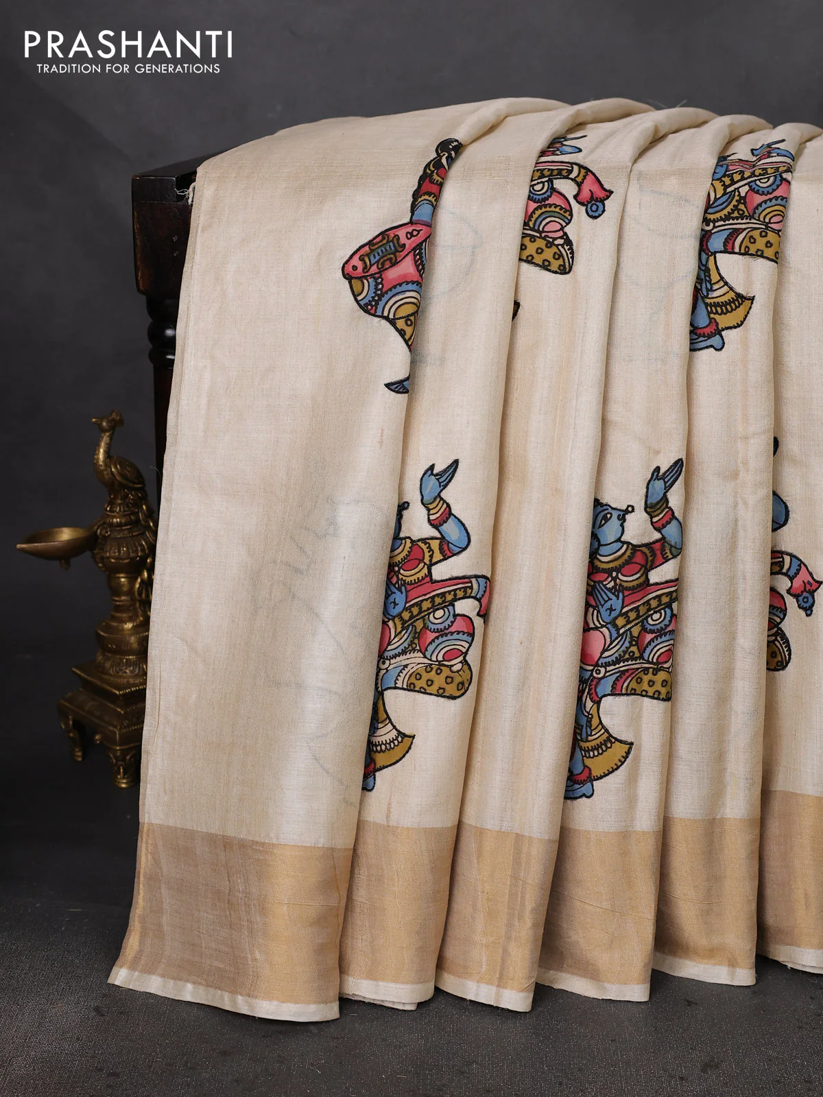Pure tussar silk saree cream with kalamkari applique work - Image 2