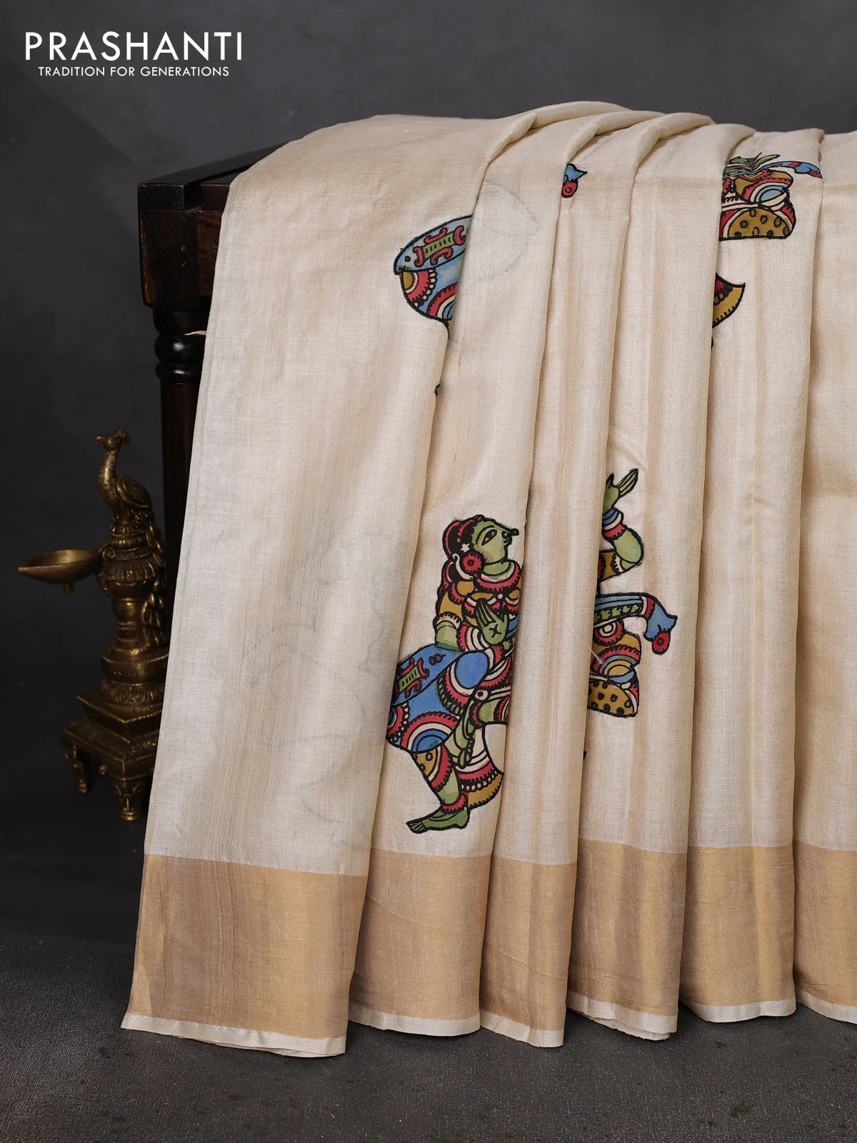 Pure tussar silk saree cream with kalamkari applique work - Image 2