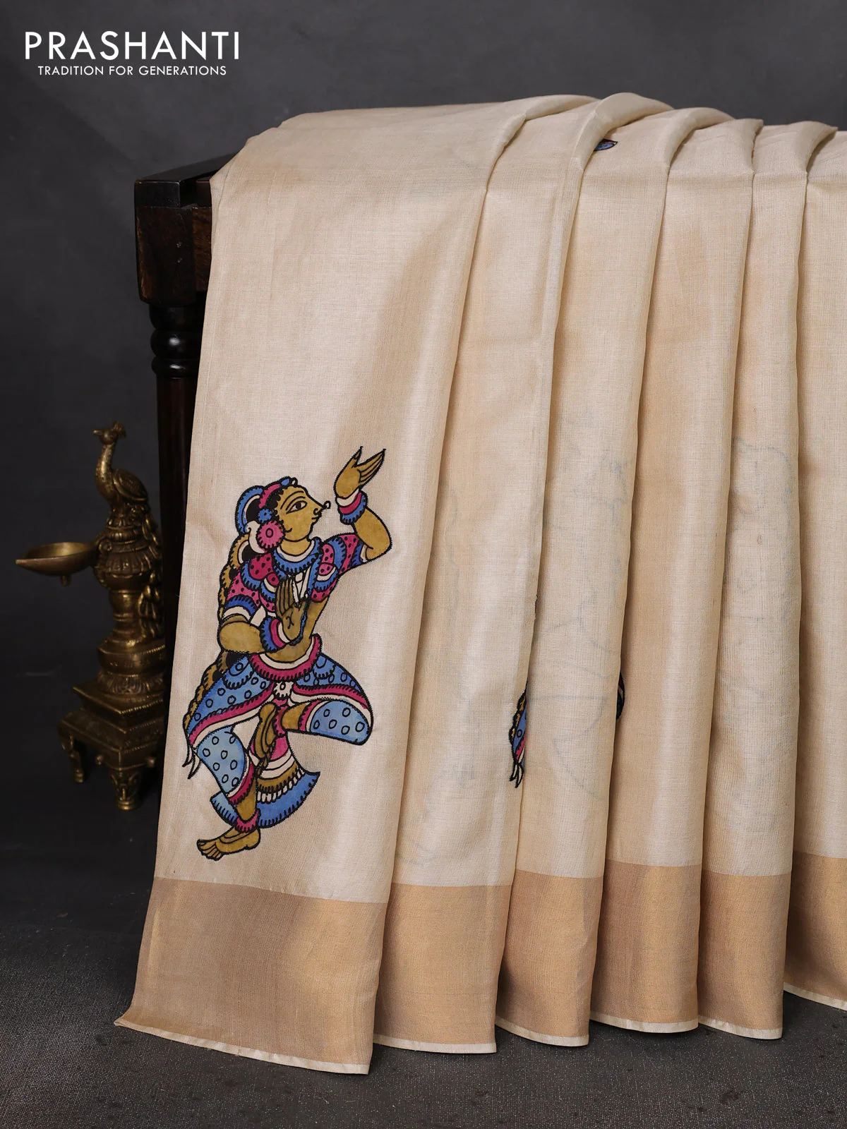 Pure tussar silk saree cream with kalamkari applique work - Image 2