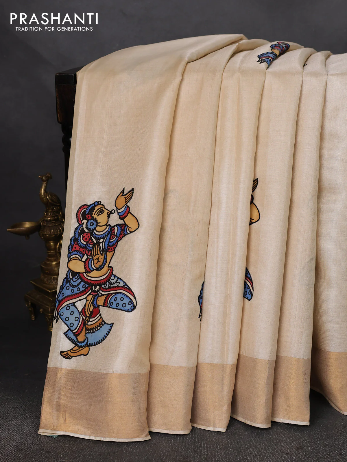 Pure tussar silk saree cream with kalamkari applique work - Image 2