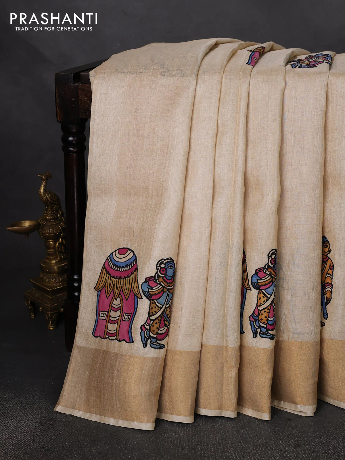 Pure tussar silk saree cream with kalamkari applique work - Image 2