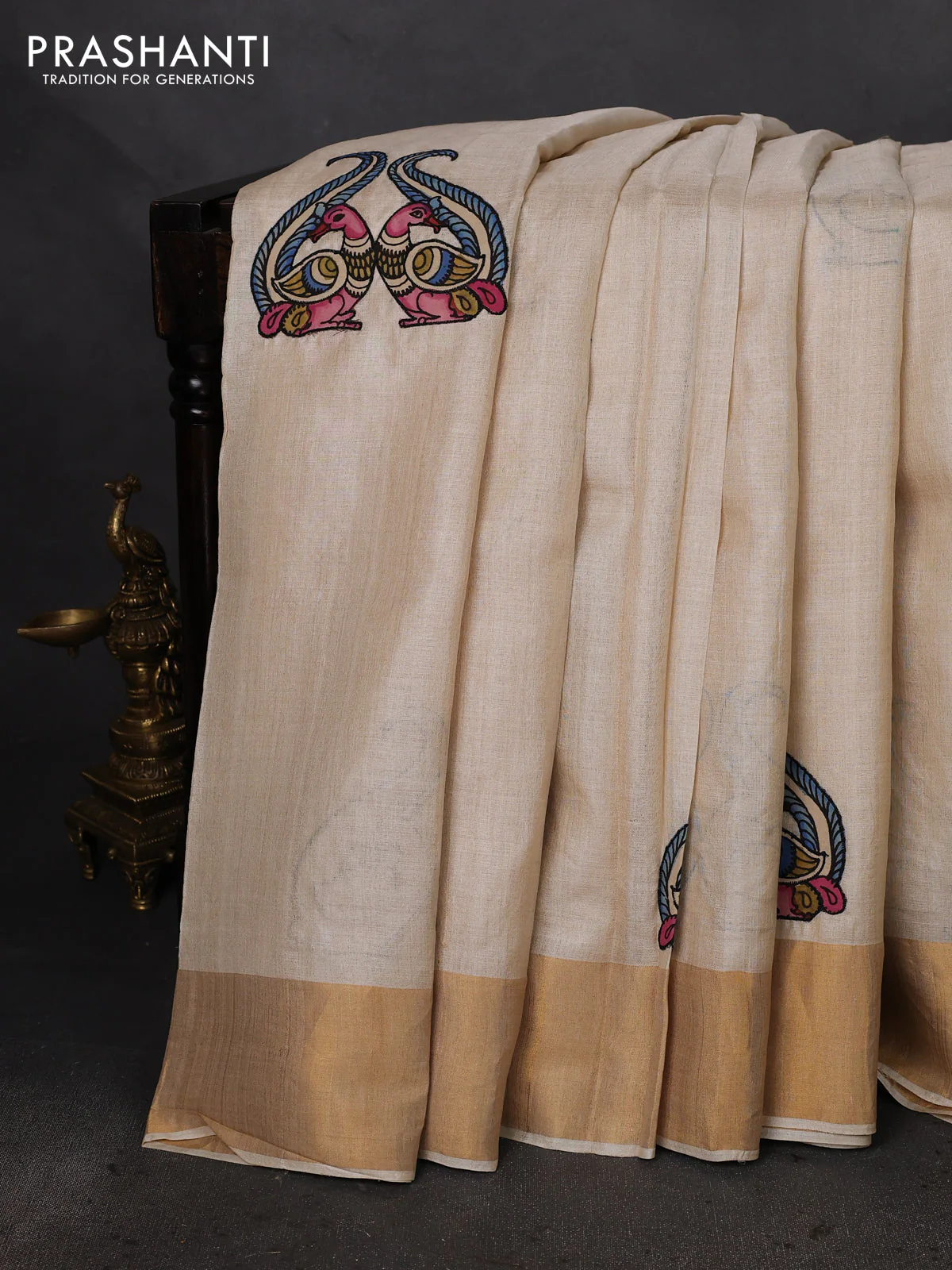 Pure tussar silk saree cream with kalamkari applique work - Image 2