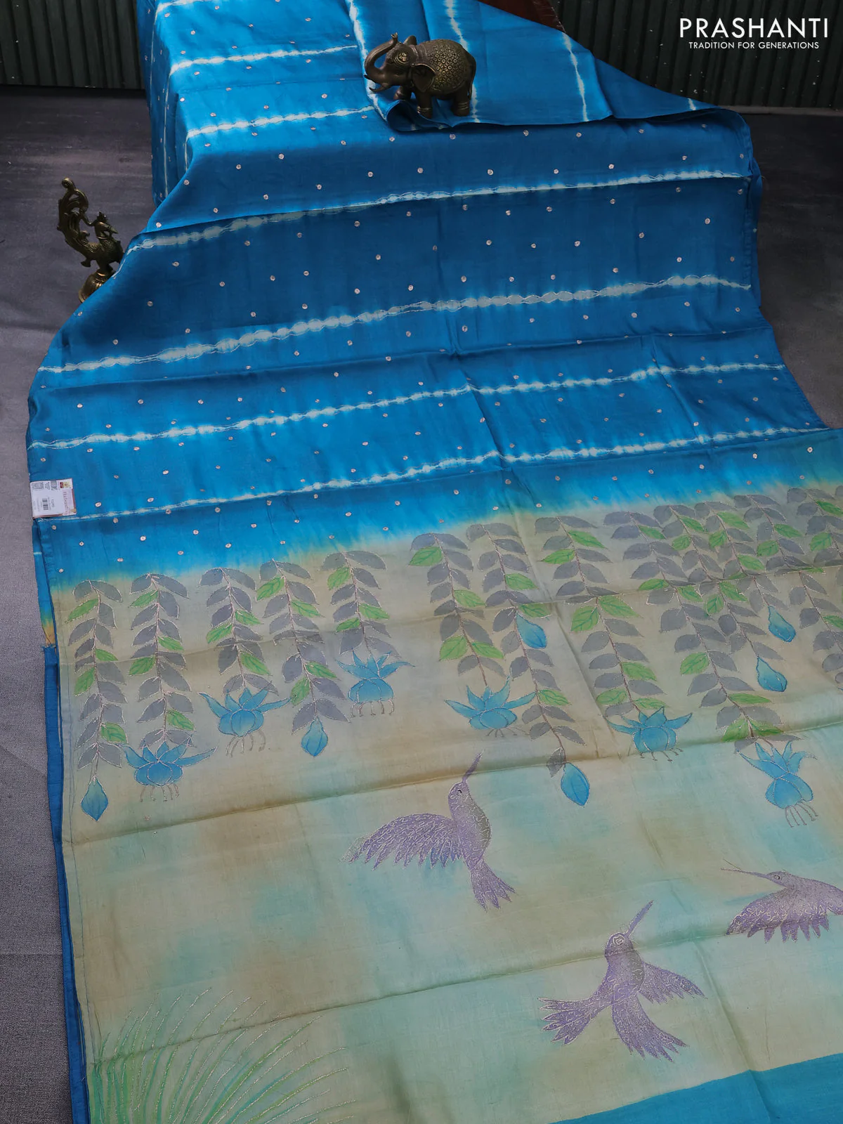 Pure tussar silk saree cs blue and beige with tie & dye prints & pita work and embroidery pallu - Image 2