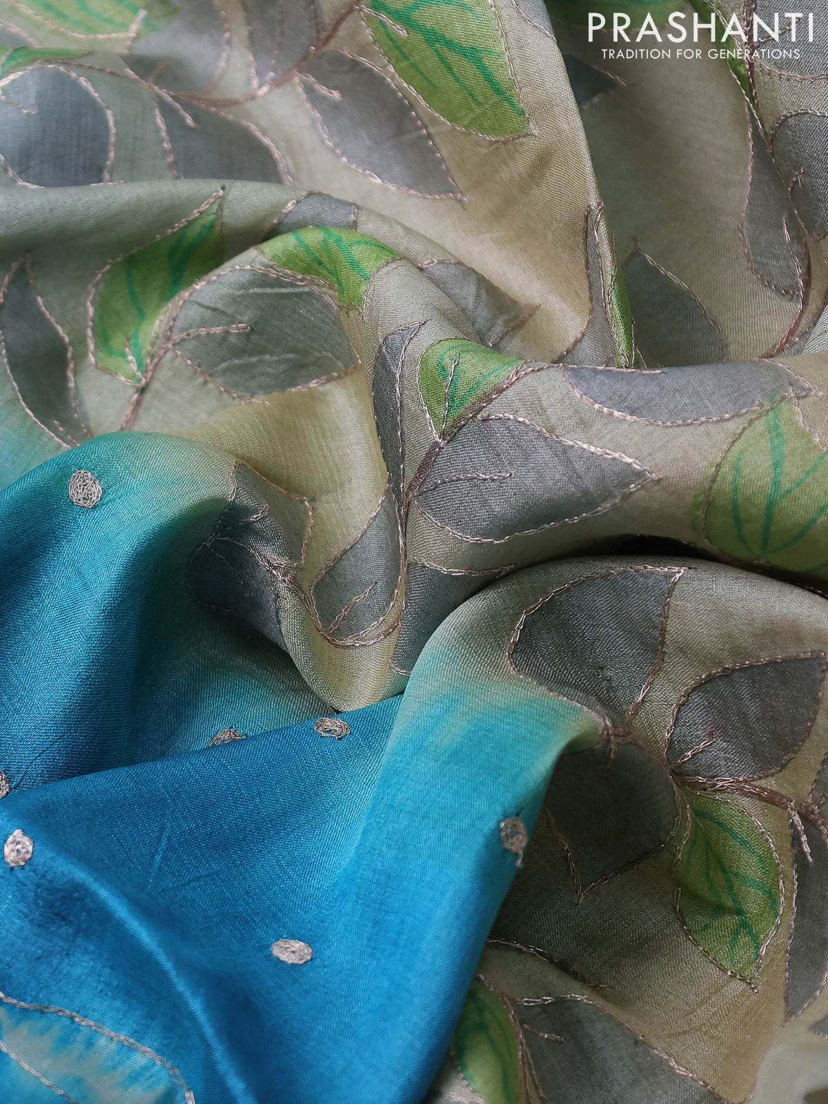 Pure tussar silk saree cs blue and beige with tie & dye prints & pita work and embroidery pallu - Image 3