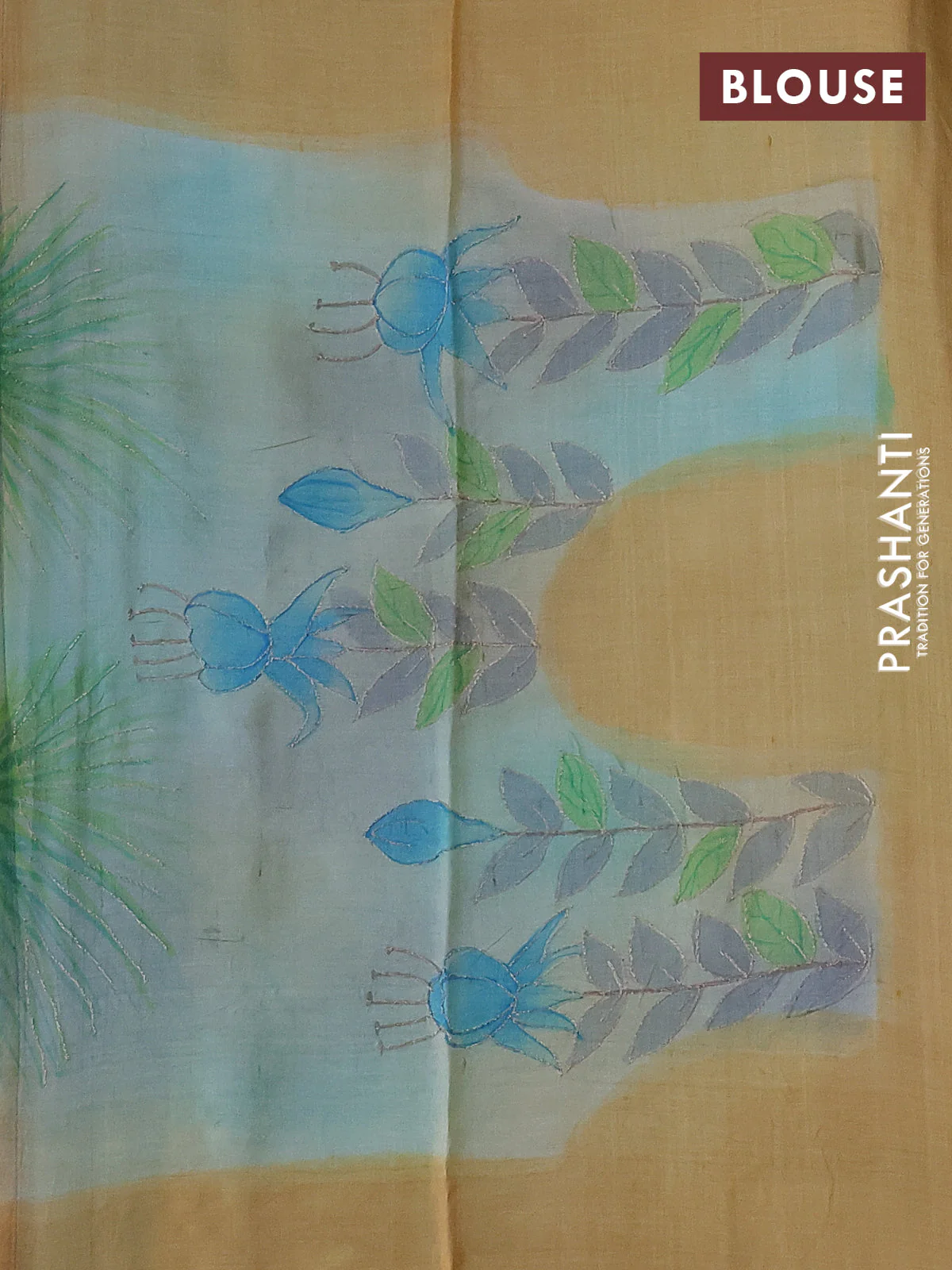 Pure tussar silk saree cs blue and beige with tie & dye prints & pita work and embroidery pallu - Image 4
