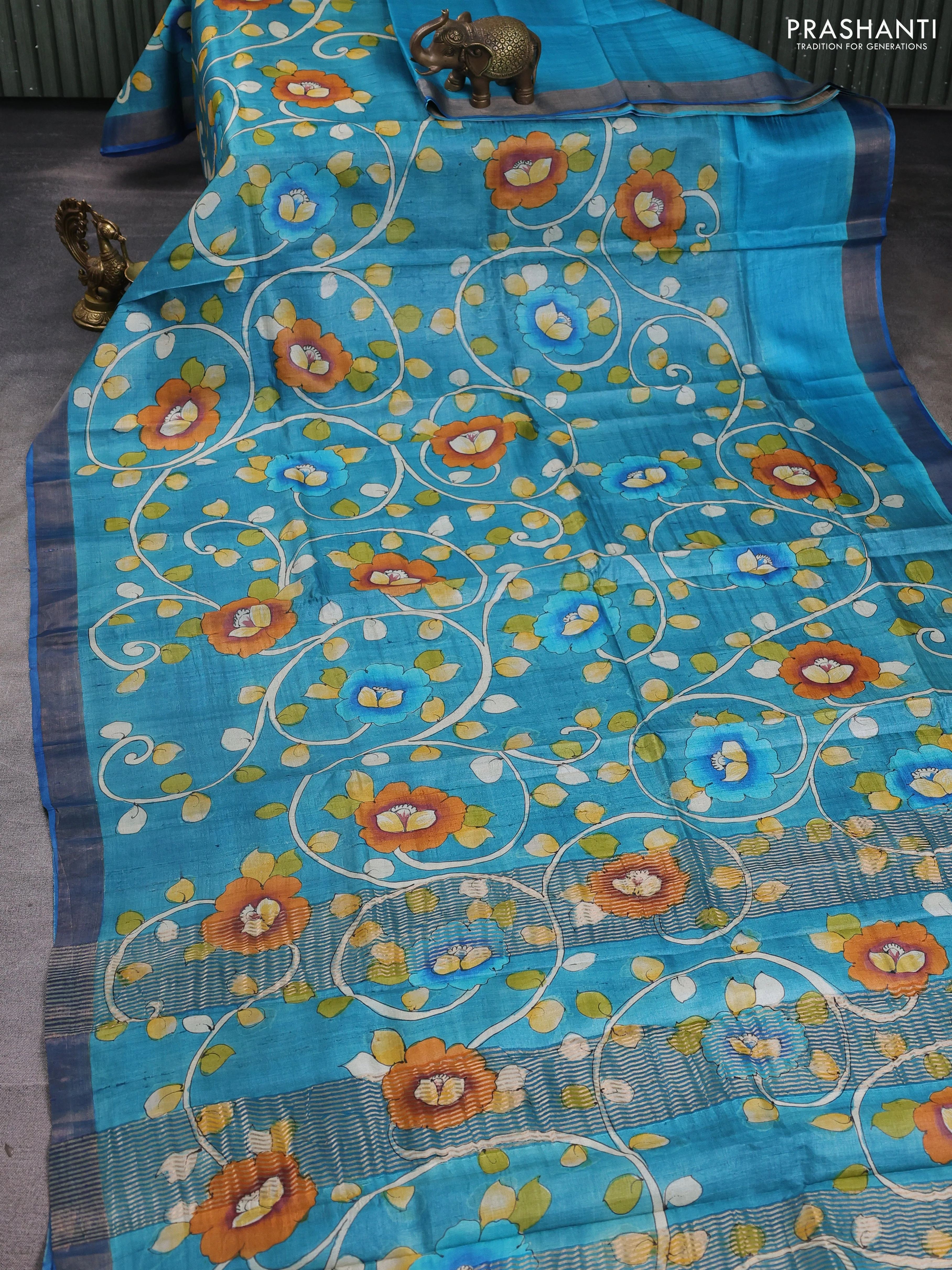 Pure tussar silk saree cs blue and blue with allover kalamkari hand painted prints and zari woven border - Image 2