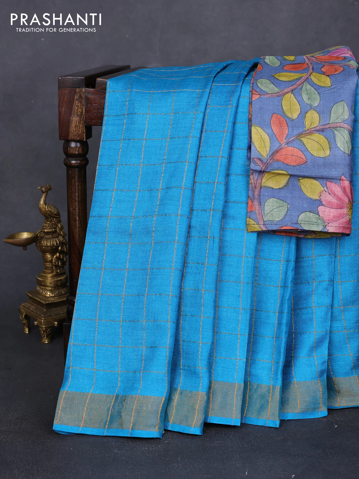 Pure tussar silk saree cs blue and bluish grey with allover zari checked pattern and zari woven border