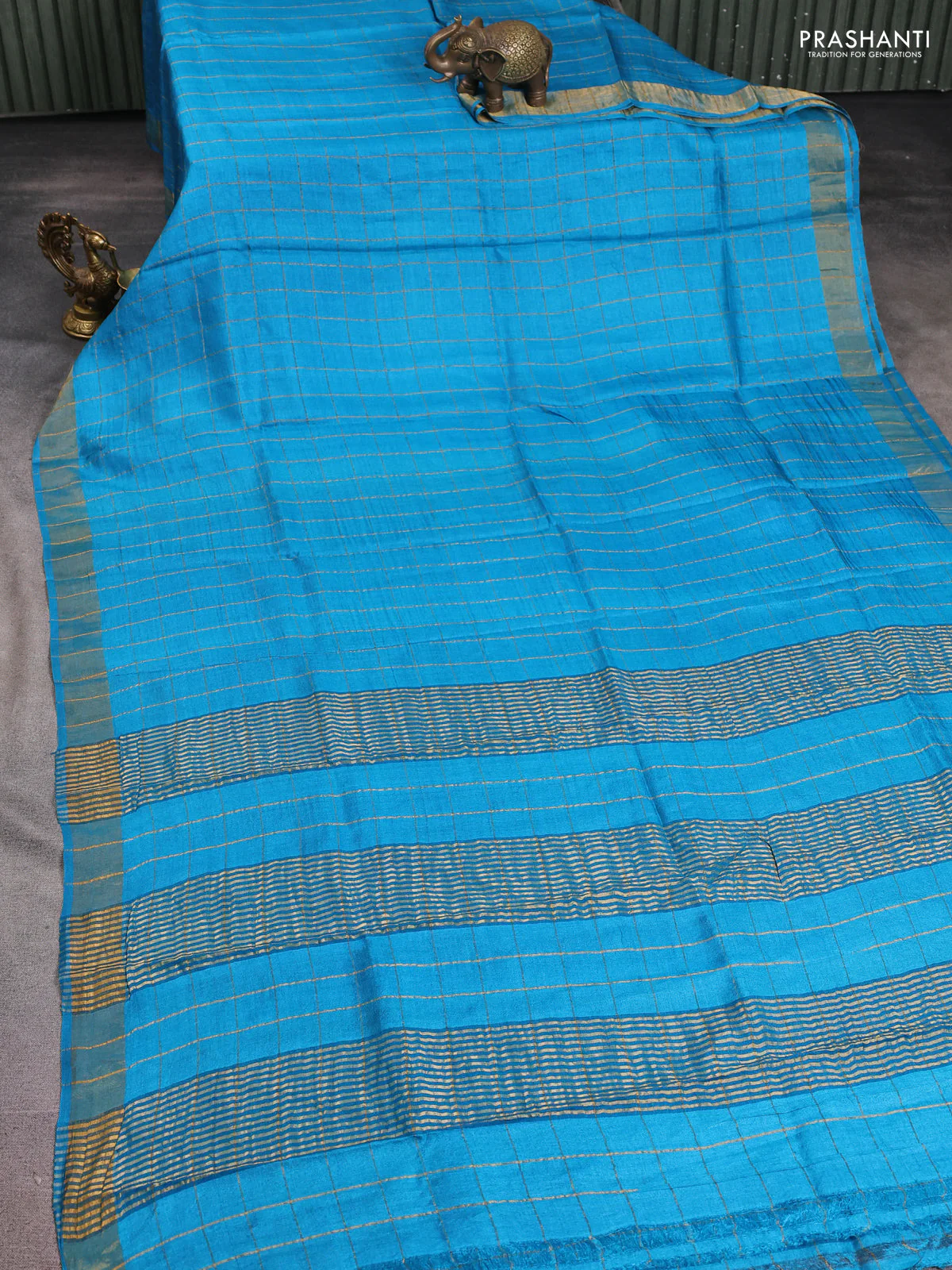 Pure tussar silk saree cs blue and bluish grey with allover zari checked pattern and zari woven border - Image 2