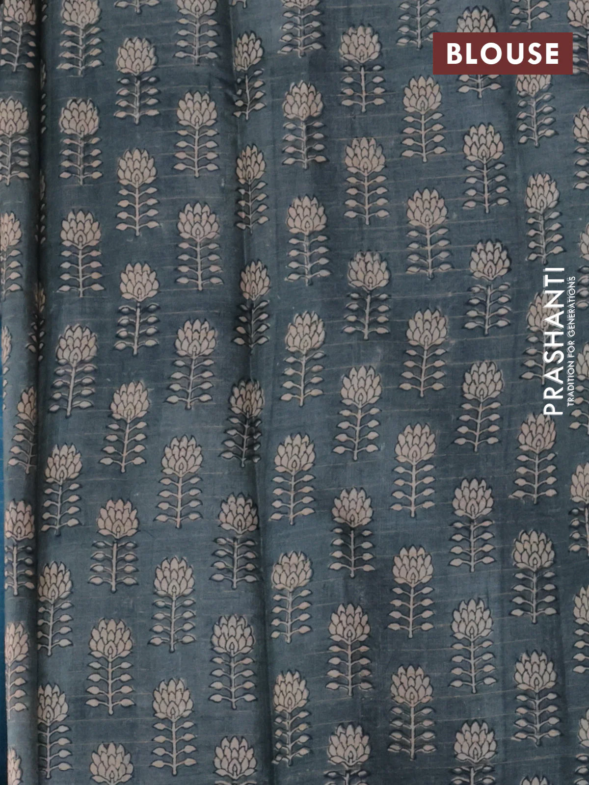 Pure tussar silk saree cs blue and grey with allover zari checked pattern and floral printed border - Image 3