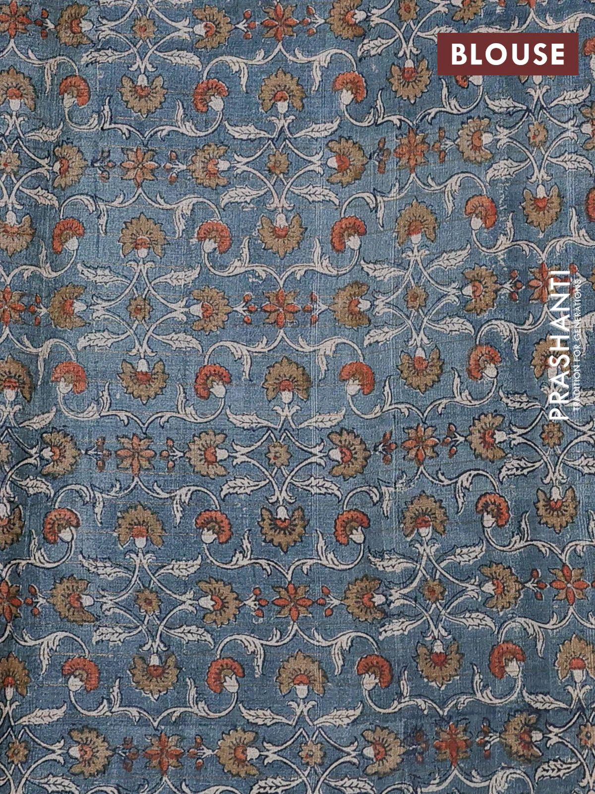 Pure tussar silk saree cs blue and grey with allover zari checked pattern and kalamkari printed border - Image 3