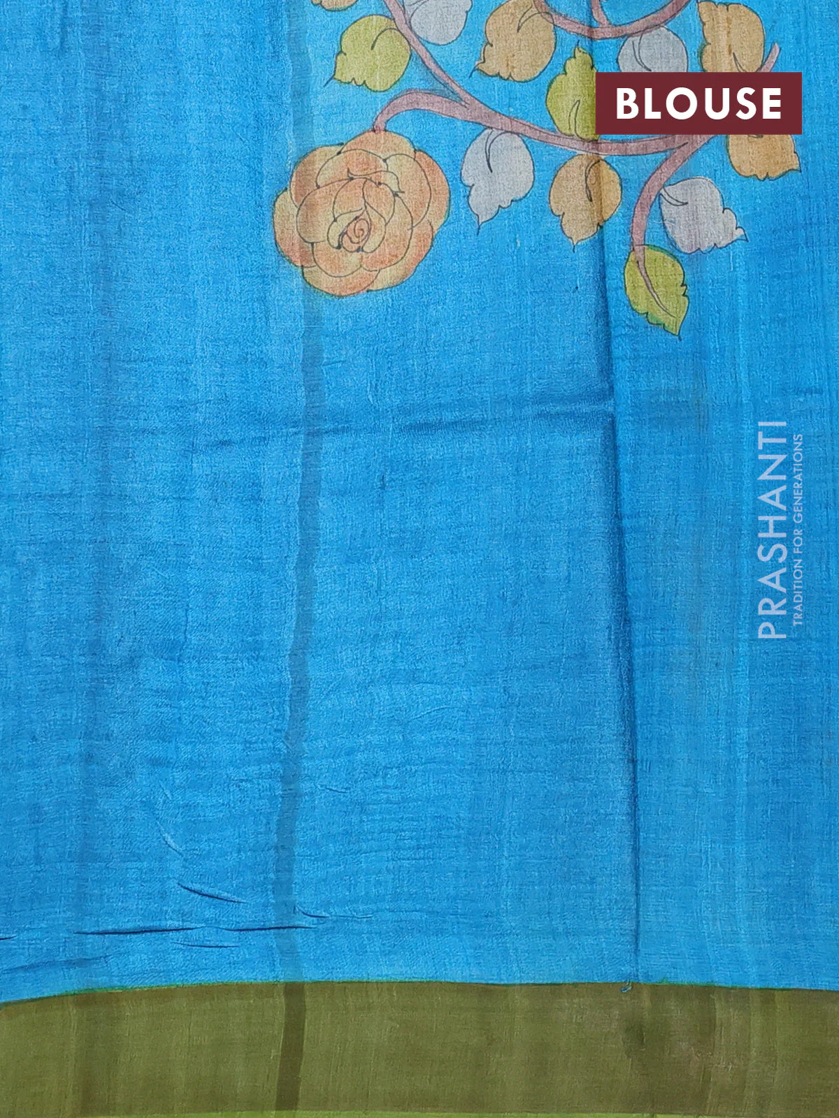 Pure tussar silk saree cs blue and light green with allover kalamkari hand painted prints and zari woven border - Image 3