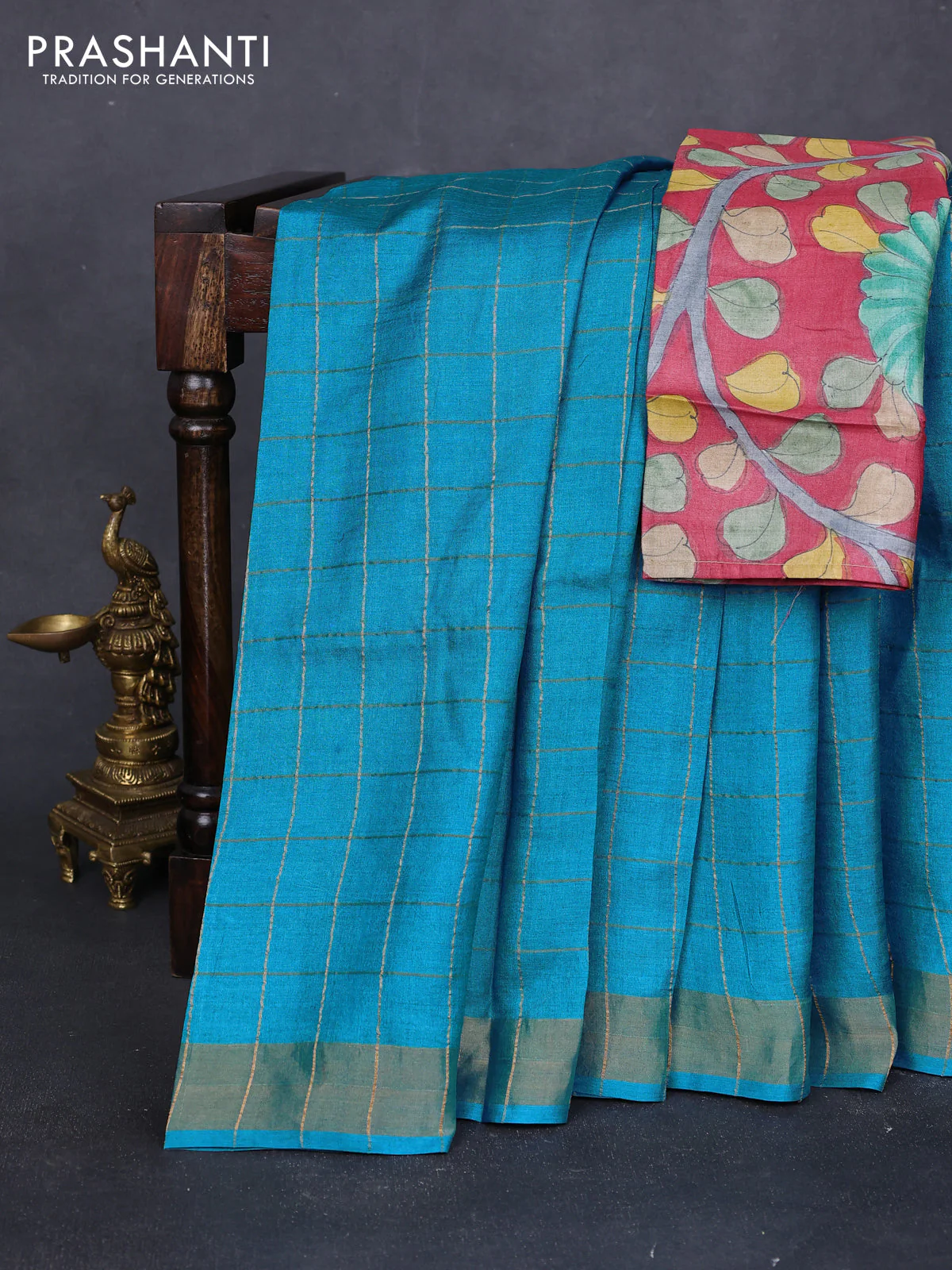 Pure tussar silk saree cs blue and maroon with allover zari checked pattern and zari woven border