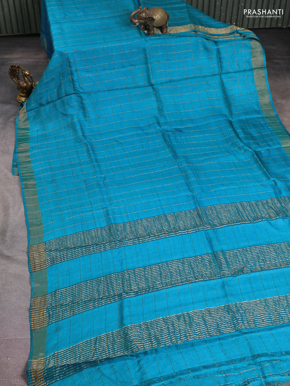 Pure tussar silk saree cs blue and maroon with allover zari checked pattern and zari woven border - Image 2
