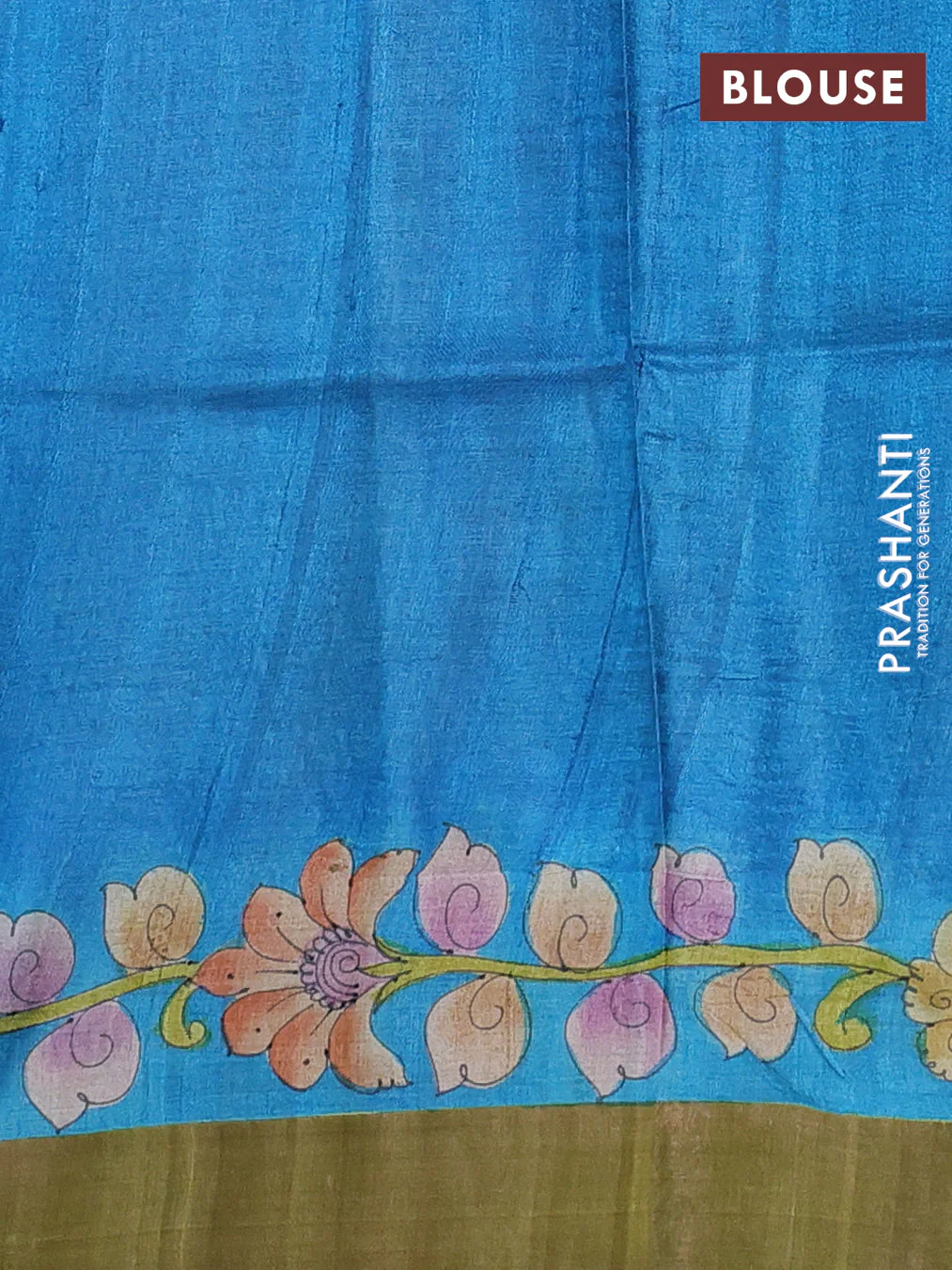 Pure tussar silk saree cs blue and mehendi green with allover kalamkari hand painted prints and zari woven border - Image 3