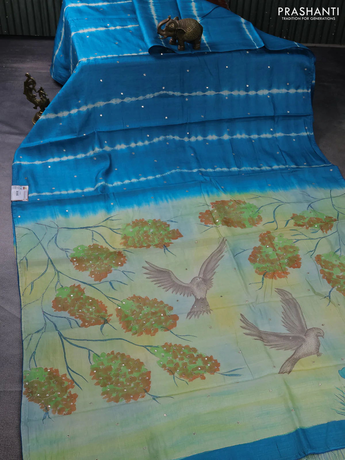 Pure tussar silk saree cs blue and pale yellow with tie & dye prints & pita work and embroidery pallu - Image 2