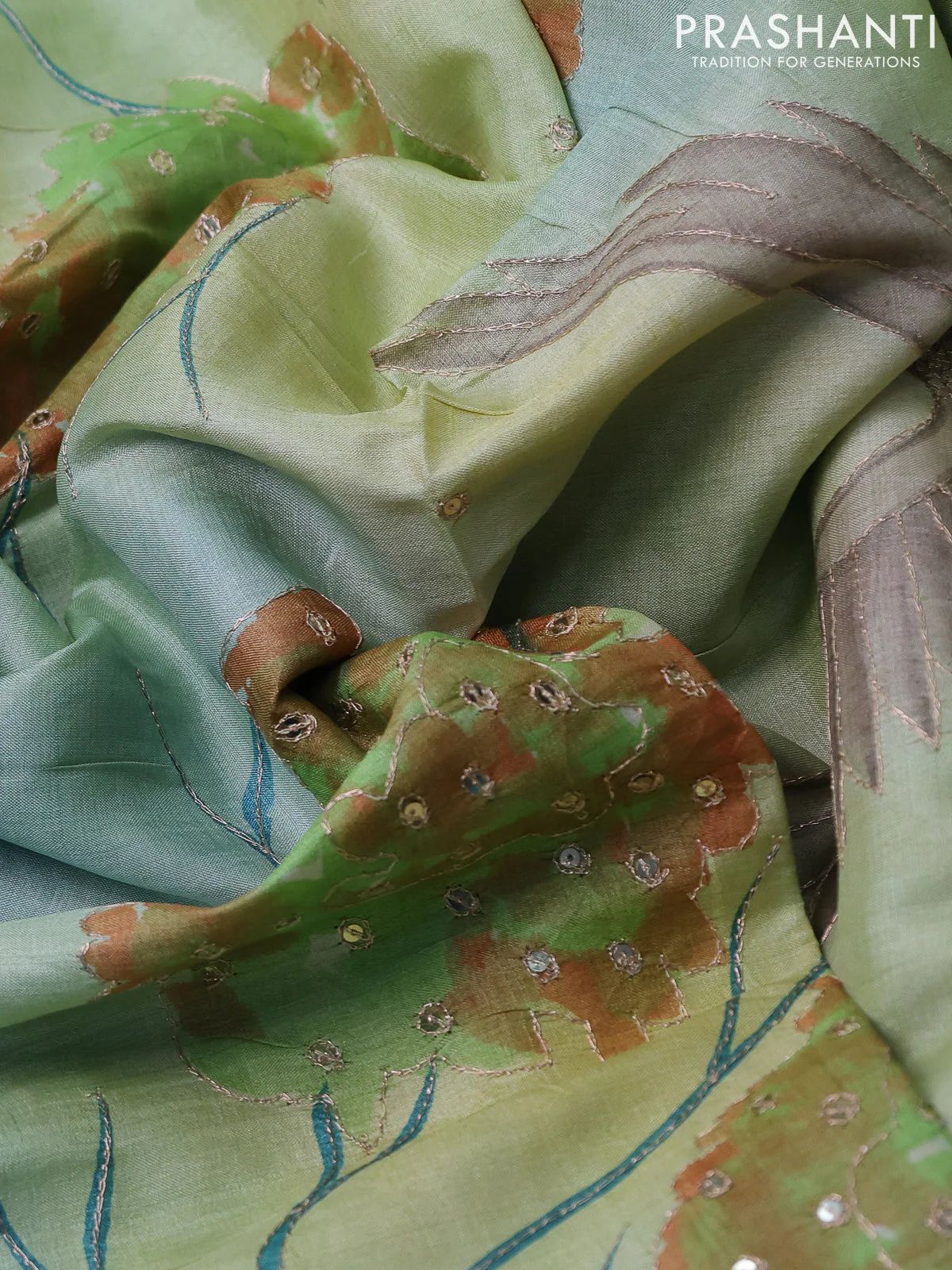 Pure tussar silk saree cs blue and pale yellow with tie & dye prints & pita work and embroidery pallu - Image 3
