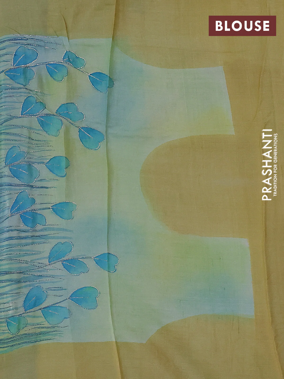 Pure tussar silk saree cs blue and pale yellow with tie & dye prints & pita work and embroidery pallu - Image 4