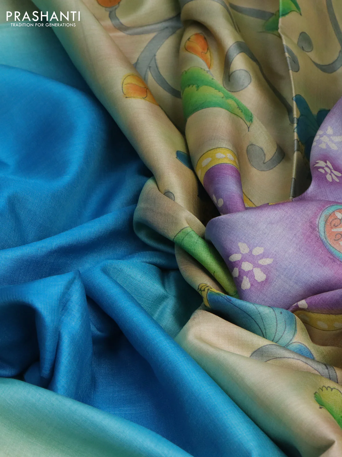 Pure tussar silk saree cs blue and pastel brown with plain body and pichwai hand painted pallu & border - Image 2