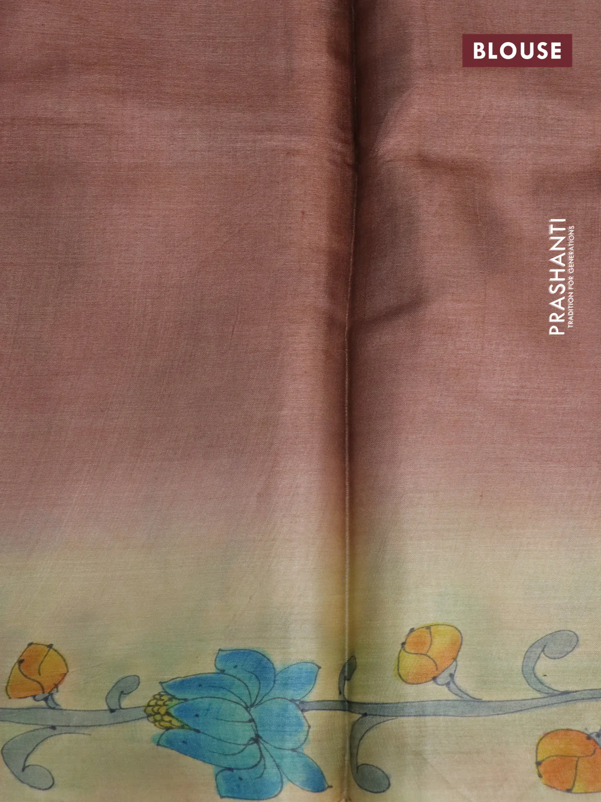 Pure tussar silk saree cs blue and pastel brown with plain body and pichwai hand painted pallu & border - Image 3