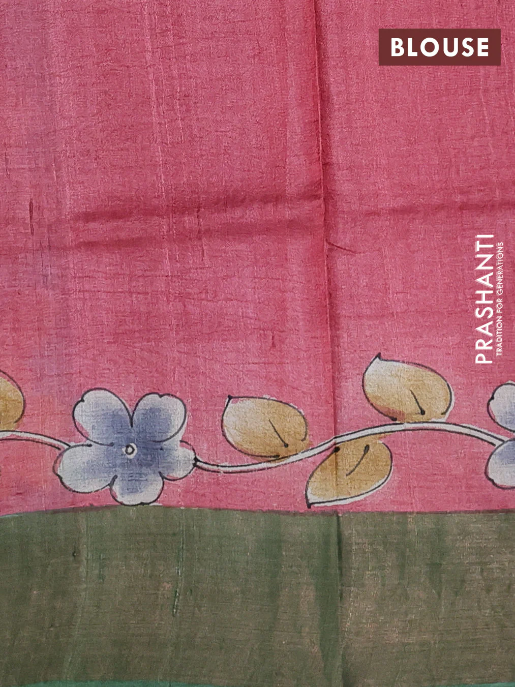 Pure tussar silk saree cs blue and peach pink with allover hand painted prints and zari woven border - Image 3
