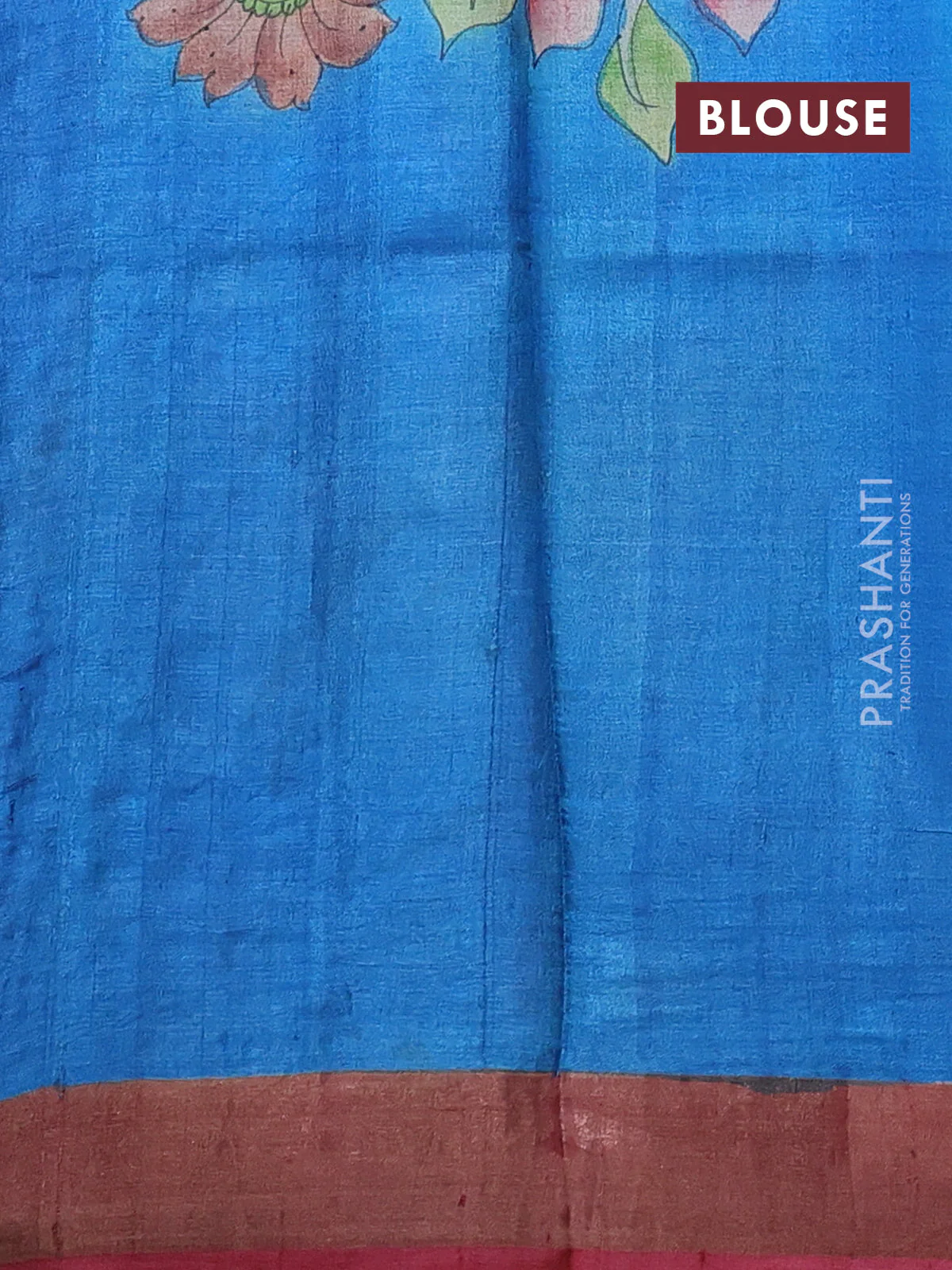 Pure tussar silk saree cs blue and peach pink with allover hand painted prints and zari woven border - Image 3