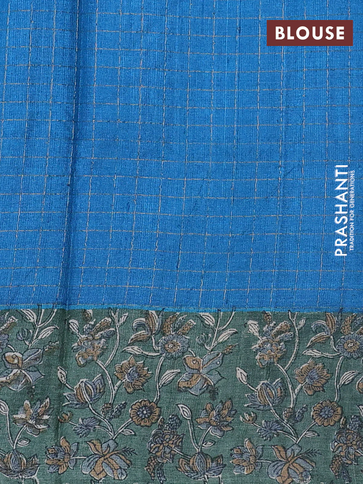 Pure tussar silk saree cs blue and sap green with allover zari checked pattern and kalamkari printed border - Image 3