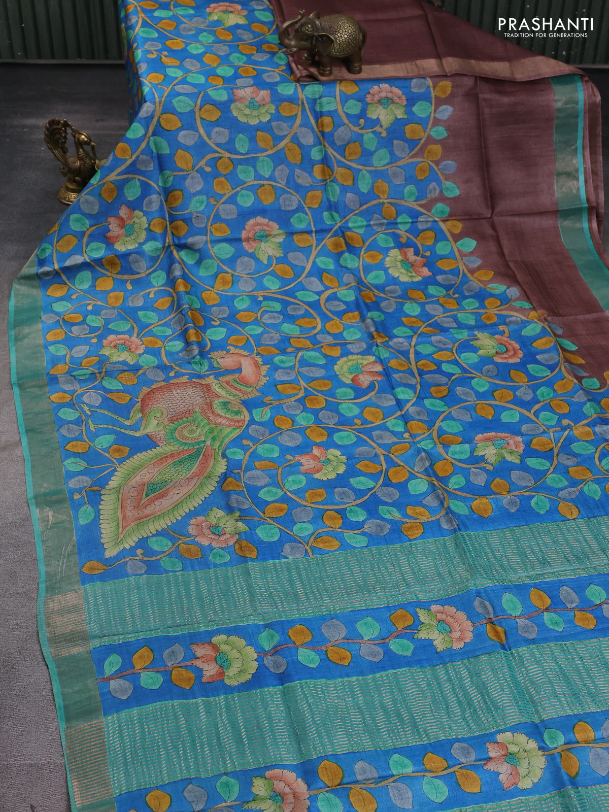 Pure tussar silk saree cs blue and teal green with allover kalamkari hand painted prints and zari woven border - Image 2