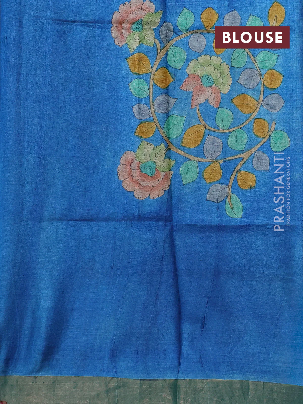 Pure tussar silk saree cs blue and teal green with allover kalamkari hand painted prints and zari woven border - Image 3