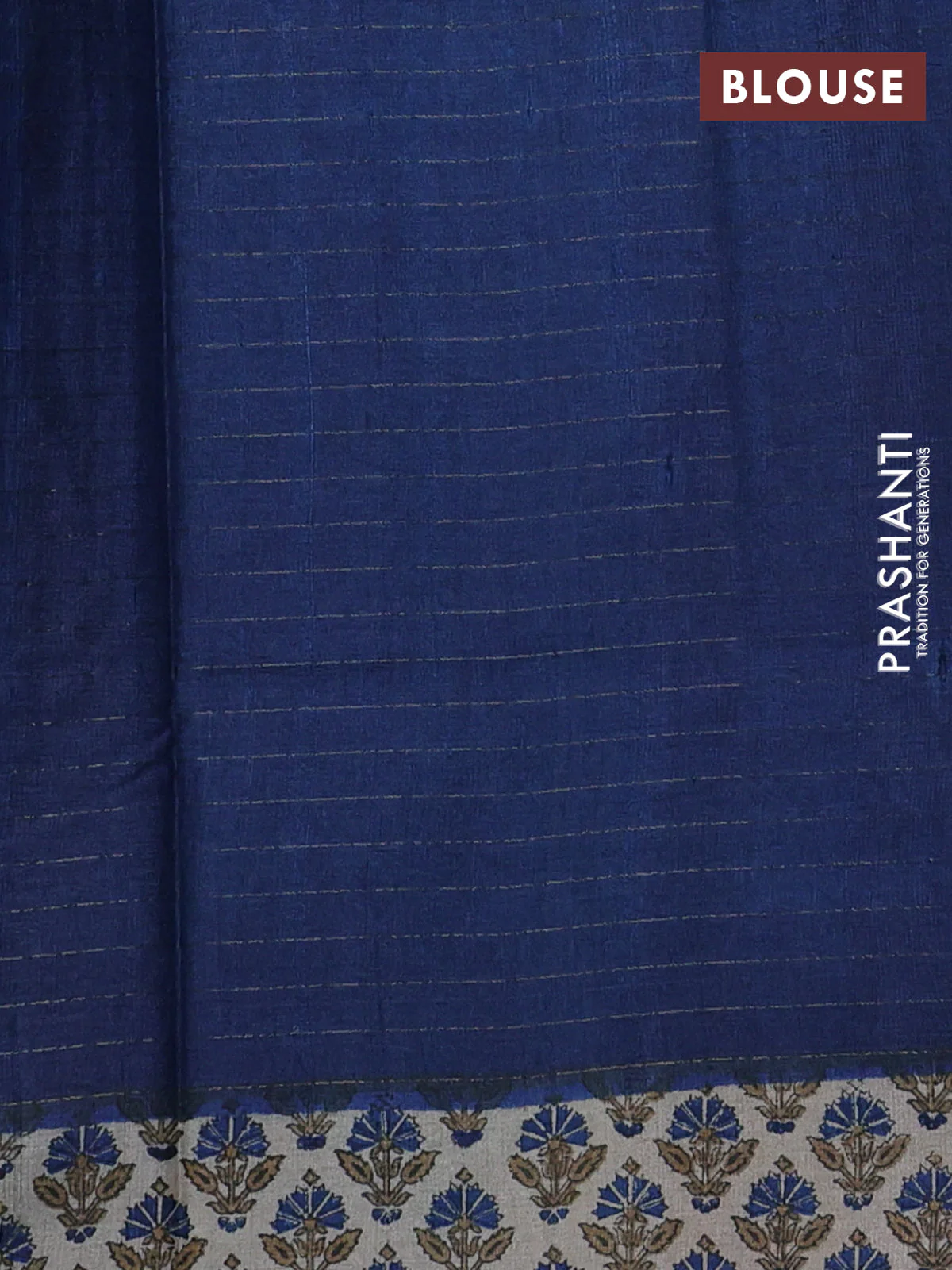 Pure tussar silk saree dark blue and beige with allover zari checked pattern and printed butta border - Image 3