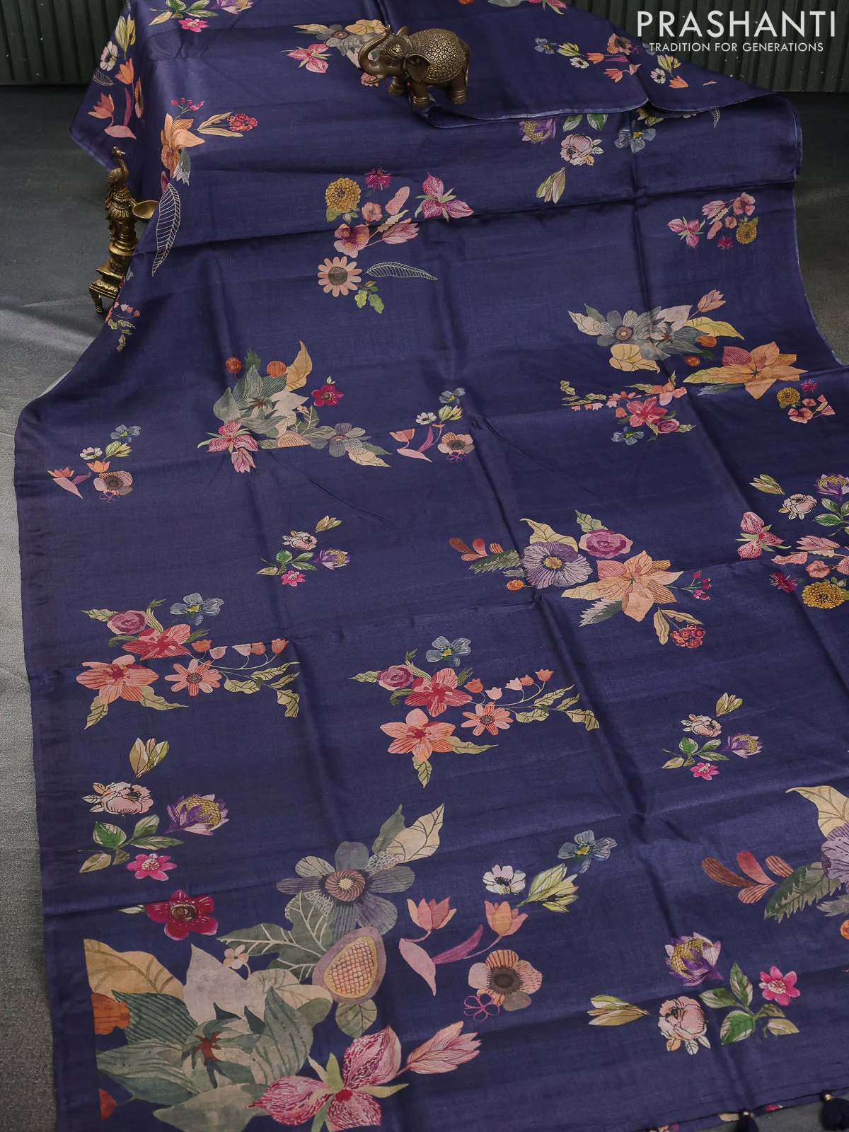 Pure tussar silk saree dark blue with allover floral digital prints in borderless style - Image 2