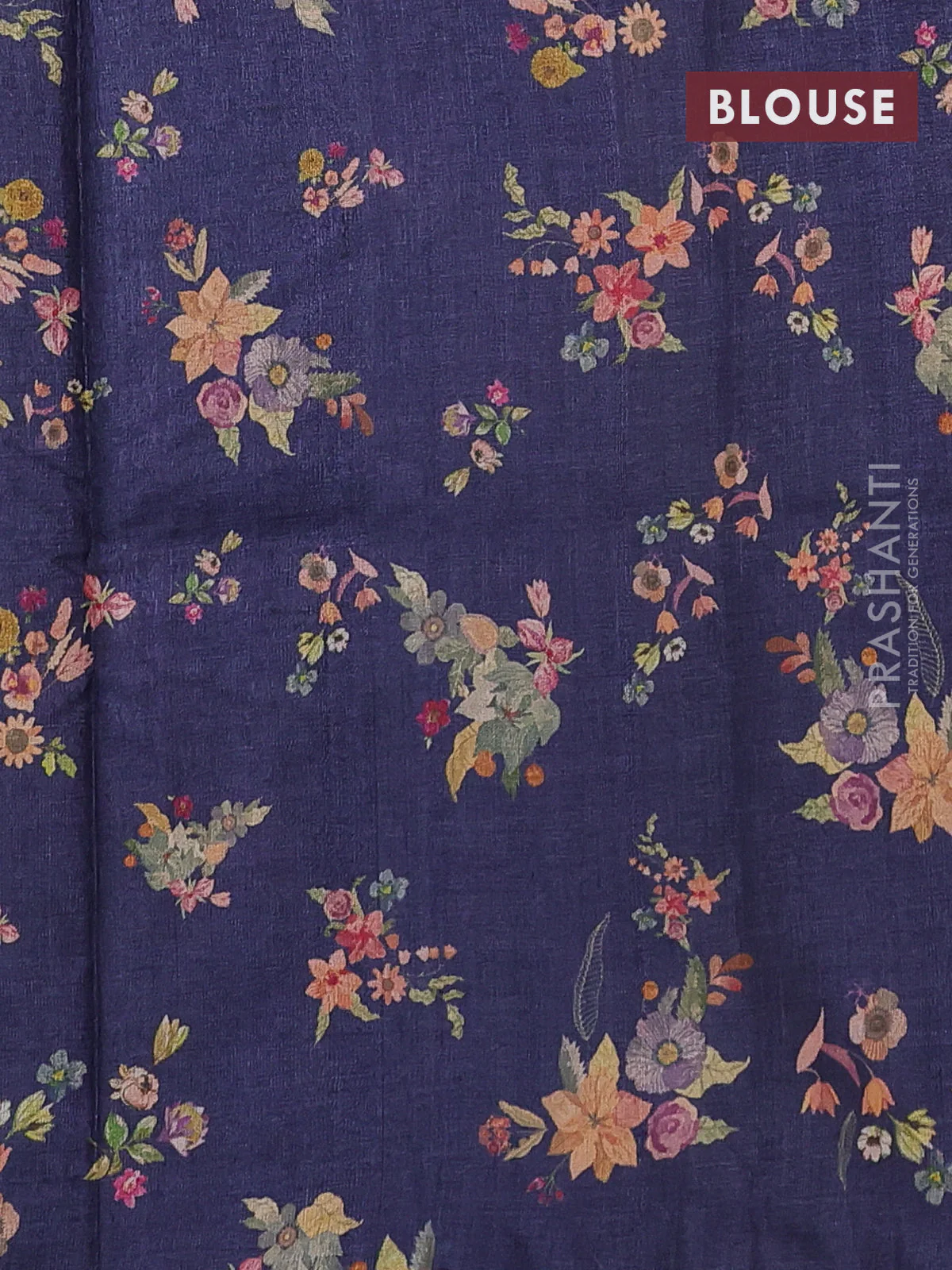 Pure tussar silk saree dark blue with allover floral digital prints in borderless style - Image 3